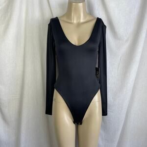 Forever 21 Black Contour Satin Thong Bodysuit Long Sleeve Plunging V Neck NWT XS